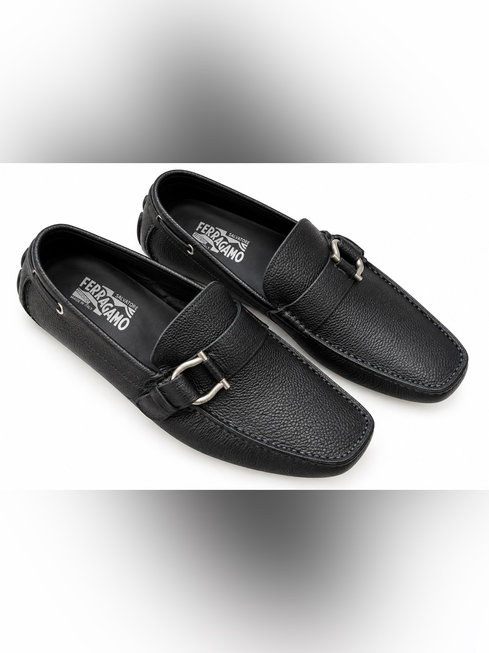Salvatore Ferragamo Black Pebbled Leather Gancini Bit Driver Loafers